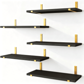 5 Pack Black Floating Shelves with Gold Brackets, Paulownia Wood Wall Mounted Shelves