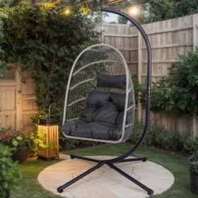 Indoor Outdoor Hanging Egg Chair with Stand Rattan Swing Chair Patio Wicker Hanging Basket Chair with Frame for Bedroom Living Room Balcony