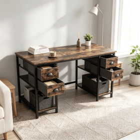 48 Inch Computer Desk with Power Outlet Home Office Desk with 4 Fabric Drawers for Storage Workstation with CPU Holder