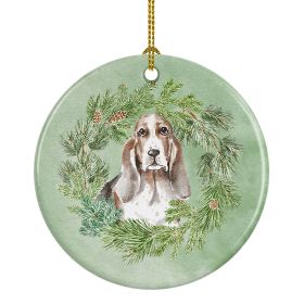 Basset Hound Tricolor Christmas Wreath Ceramic Ornament Christmas Tree Hanging Decorations for Home Christmas Holiday, Party, Gift, 3 in, Multico