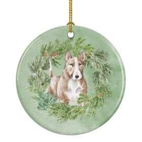 NEW Bull Terrier Red and White Christmas Wreath Ceramic Ornament Christmas Tree Hanging Decorations for Home Christmas Holiday, Party, Gift, 3 in