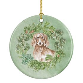 Dachshund Red Longhaired Christmas Wreath Ceramic Ornament Christmas Tree Hanging Decorations for Home Christmas Holiday, Party, Gift, 3 in