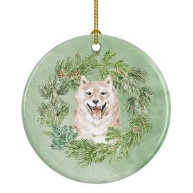 Shiba Inu Cream Christmas Wreath Ceramic Ornament Christmas Tree Hanging Decorations for Home Christmas Holiday, Party, Gift, 3 in, Multicolor