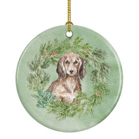 Dachshund Sable Longhaired Christmas Wreath Ceramic Ornament Christmas Tree Hanging Decorations for Home Christmas Holiday, Party, Gift, 3 in