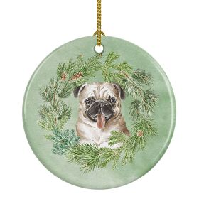Pug Fawn Christmas Wreath Ceramic Ornament Christmas Tree Hanging Decorations for Home Christmas Holiday, Party, Gift, 3 in, Multicolor