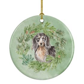 Dachshund Black and Tan Longhaired Christmas Wreath Ceramic Ornament Christmas Tree Hanging Decorations for Home Christmas Holiday, Party, Gift,