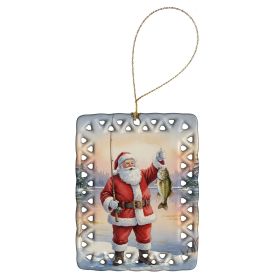 Fishing Santa Claus with Smallmouth Bass Christmas Porcelain Ornament Christmas Tree Hanging Decorations for Home Christmas Holiday, Rectangle, G